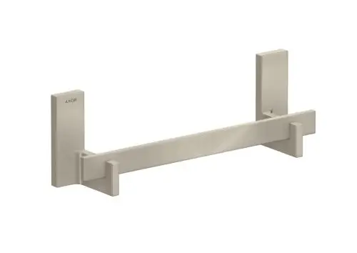 Haltestange in gebürstetem Nickel von AXOR, rechteckige Form mit zwei Wandhalterungen, zum Anbringen an einer Wand geeignet.